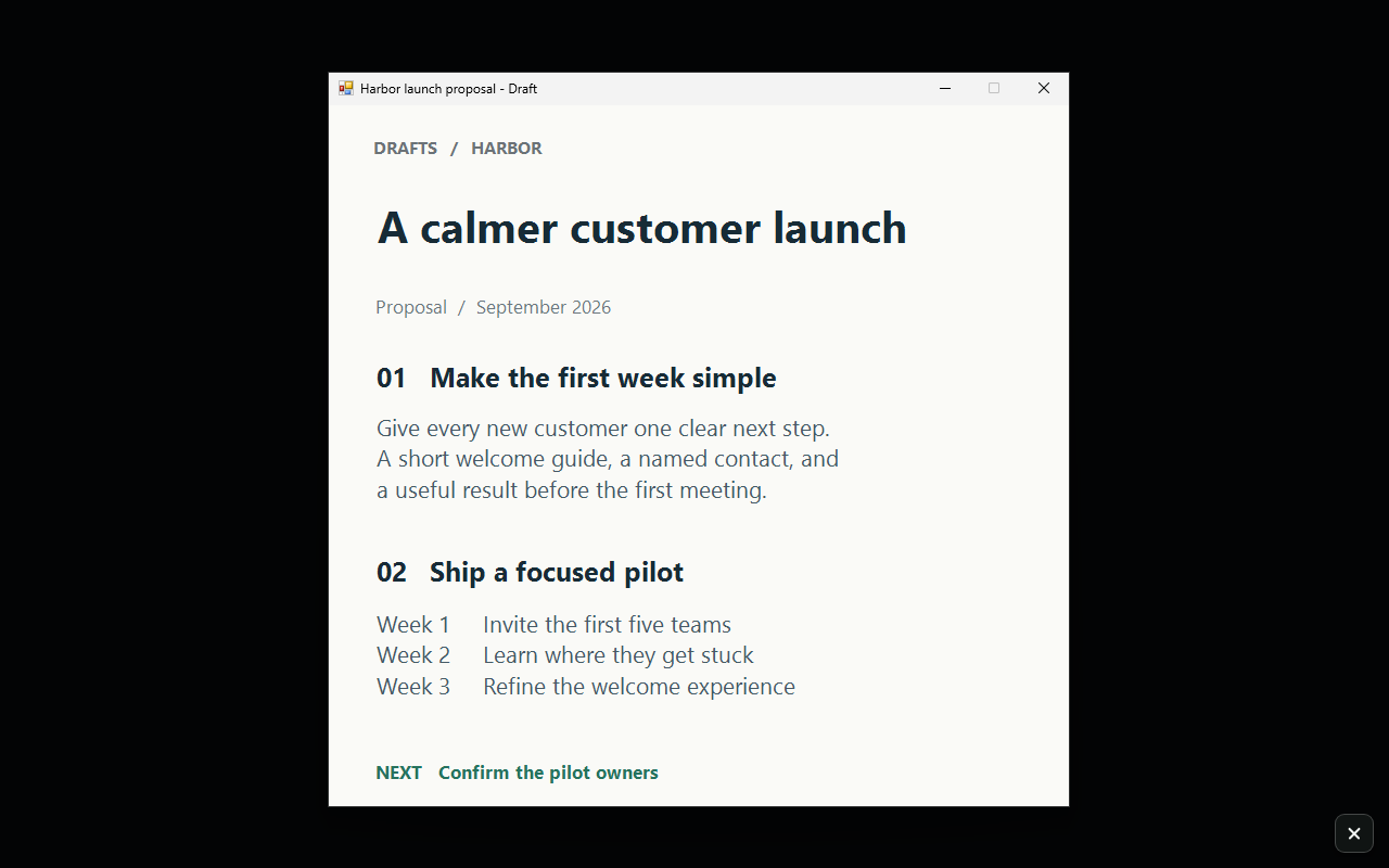With Focal: the same proposal stays visible, while the surrounding chat, inbox, reading list and desktop are covered.