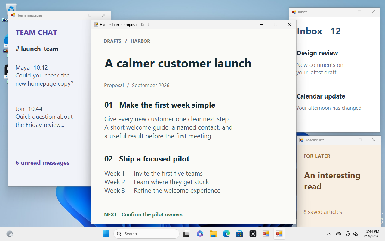 Before focus: a proposal surrounded by a team chat, inbox, and reading list on a Windows desktop.