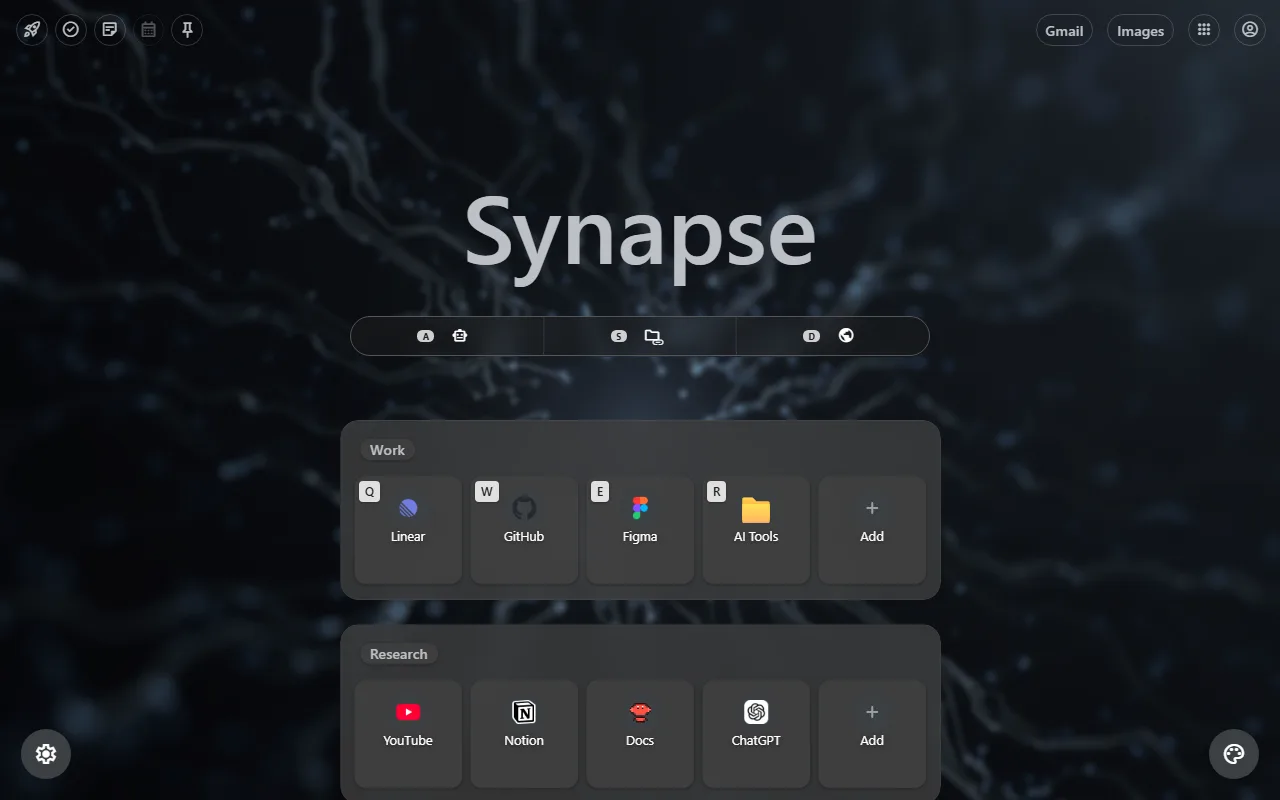 Synapse customizable Chrome new tab with AI search, a searchable prompt library, web search, apps, projects, and widgets.
