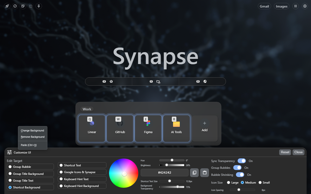 Synapse customizable workspace with widgets and quick-launch surfaces visible.