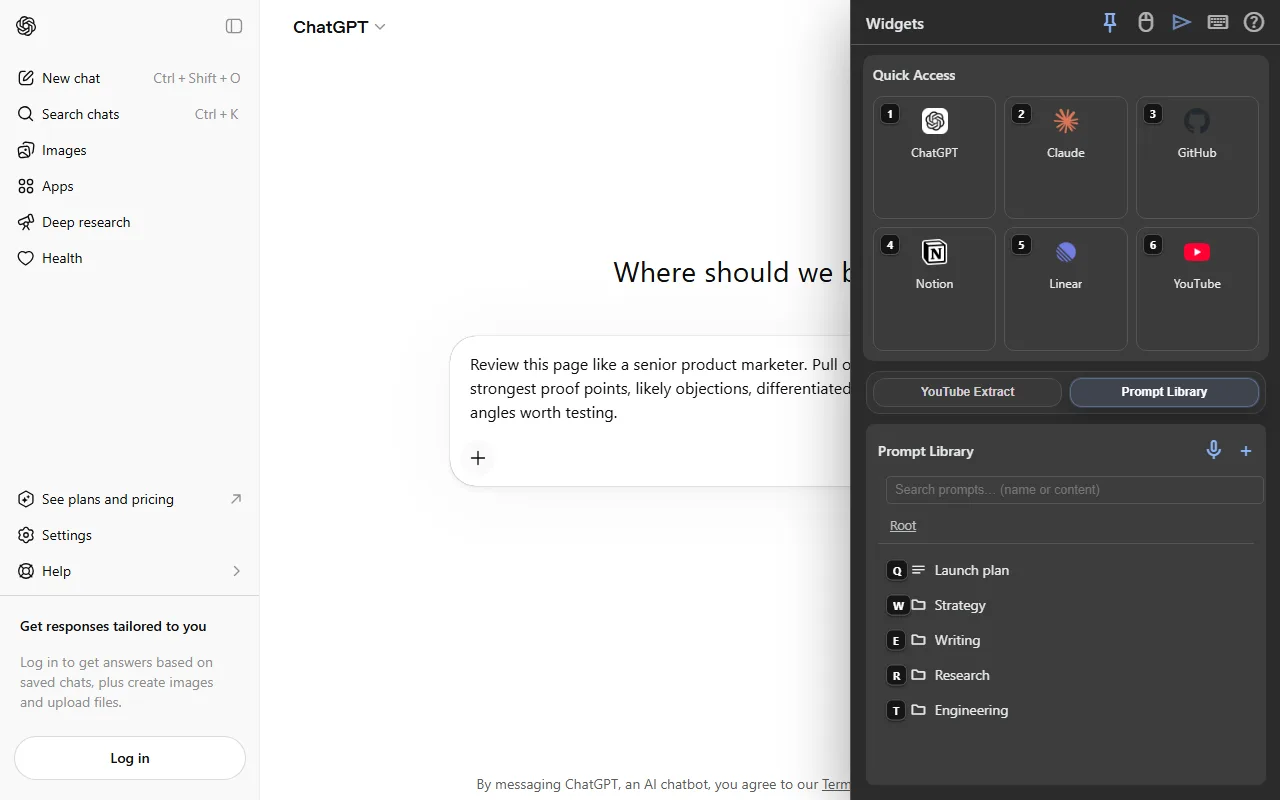 Synapse prompt workflow showing reusable prompts and fast launch surfaces.
